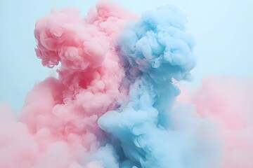 Fototapeta premium Colored smoke clouds create a whimsical atmosphere in a light blue background during daylight