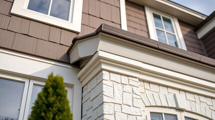 Modern Home Exterior: Brick and Stone Facade Design. Classic Architecture, Residential Property, Real Estate