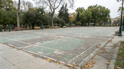 A large empty square in a city park with a faded color scheme and peeling asphalt, empty space, abandoned playground, urban decay