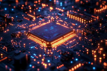 Glowing Transistor in a Futuristic Digital Landscape: A High-Tech Vision of the Future with Neon Circuits and Vibrant Colors