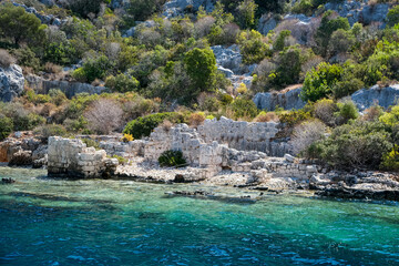 Sunken Lycian town view on Kekova island near Kas, Antalya district, Turkiye. The Kekova region is...