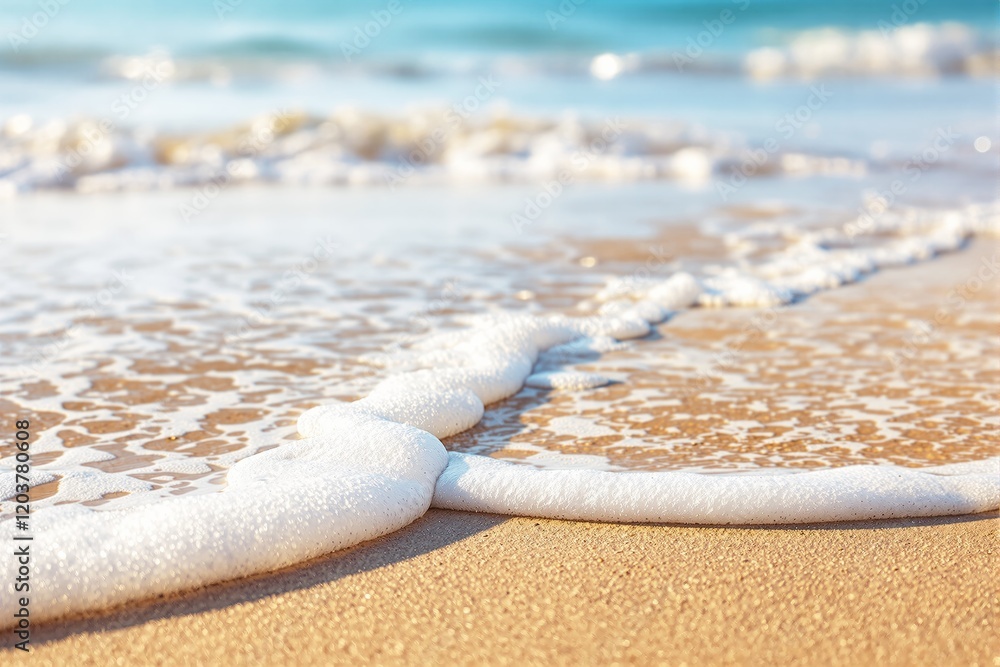 Poster close-up of ocean waves with foam on sandy beach.