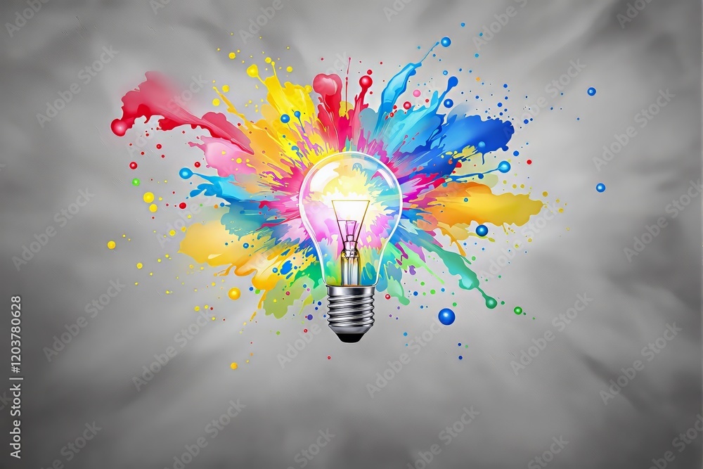 Poster vibrant splash of colors around a light bulb concept on a gray background.