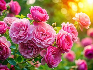 Fototapeta premium Lush Pink Roses Garden, 8K HD Wallpaper, Blooming Flowers, Nature Background, Floral Photography
