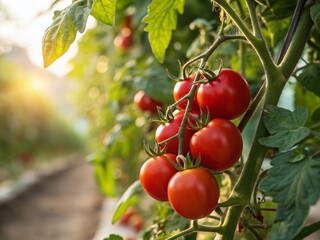 Lush Red Tomatoes on the Vine with Bokeh Background - Vibrant Garden Produce Stock Photo