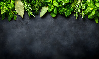 Fresh herbs border on dark background; rosemary, mint, parsley, dill, bay leaf; culinary, cooking, recipe, food photography, space for text.