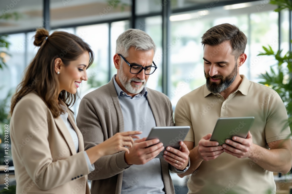 Aufkleber group of business professionals discussing work on digital tablets in a modern office environment.