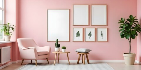A cozy interior scene featuring a pink wall adorned with three empty frames and two framed botanical prints of ferns.
