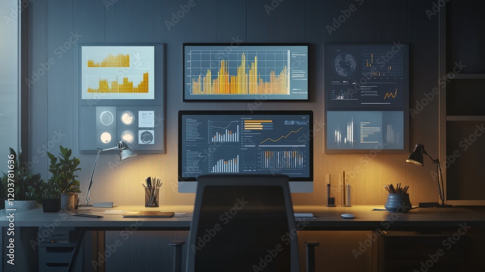 Poster Modern Office Workspace with Multiple Screens Displaying Data Visualizations, Graphs, and Insights in a Well-Lit Environment Ideal for Business Analysis and Reporting