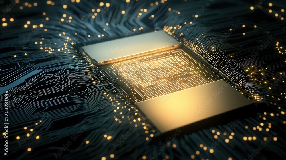 Leinwandbilder Abstract representation of a golden computer chip surrounded by glowing circuits, highlighting the convergence of technology and innovation in a digital landscape.