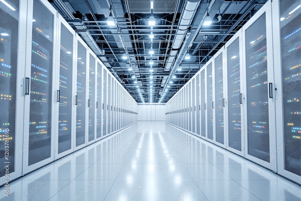 Aufkleber modern data center with illuminated servers, white racks, and reflective flooring under bright light