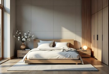 A modern bedroom featuring a large bed with a light gray comforter and multiple pillows. The headboard is made of wood 
