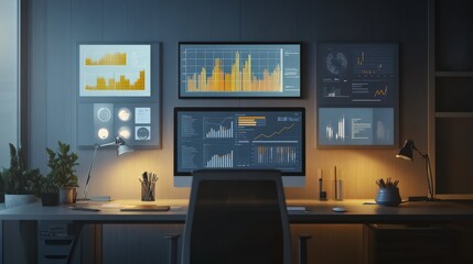 Modern Office Workspace with Multiple Screens Displaying Data Visualizations, Graphs, and Insights in a Well-Lit Environment Ideal for Business Analysis and Reporting