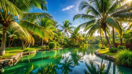 Obraz premium Lush Tropical Resort: Palm Trees & Garden Pond - Serenity Escape