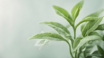 Close-up of delicate, vibrant green leaves against a soft, blurred background, perfect for nature, health, or beauty concepts.