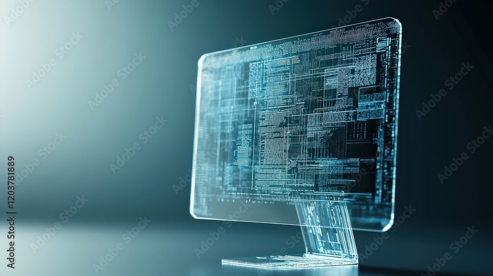 Aufkleber Futuristic Transparent Computer Monitor Displaying Complex Digital Data and Code in a Sleek, Modern Tech Environment for Innovation and Creativity Themes