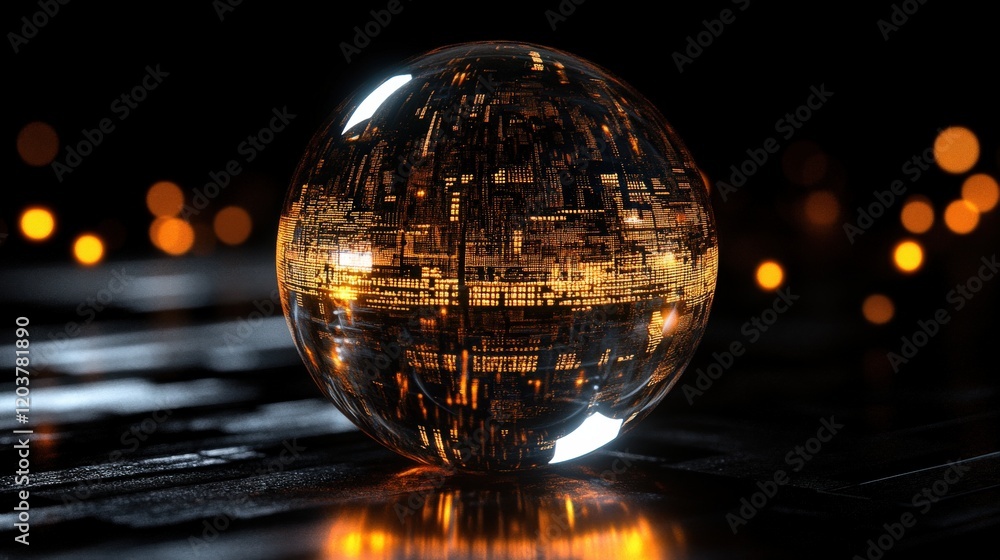 Poster A Glowing Crystal Sphere with Intricate Patterns and Warm Light Effects on a Dark Background, Symbolizing Technology, Innovation, and Creativity in Modern Design