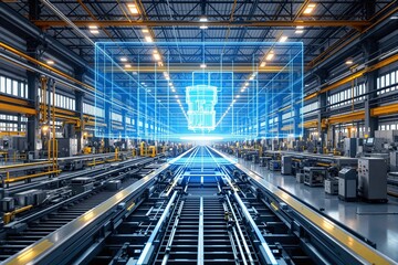 Fototapeta premium Advanced factory interior with futuristic holographic blueprint display.