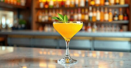 A chilled yellow mango juice drink in a short martini glass garnished with a fresh mint leaf on a polished bar counter , yellow, mint, mango