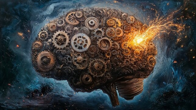 Mechanical brain made of gears and cogs with sparks and glowing effects on a dark, textured background