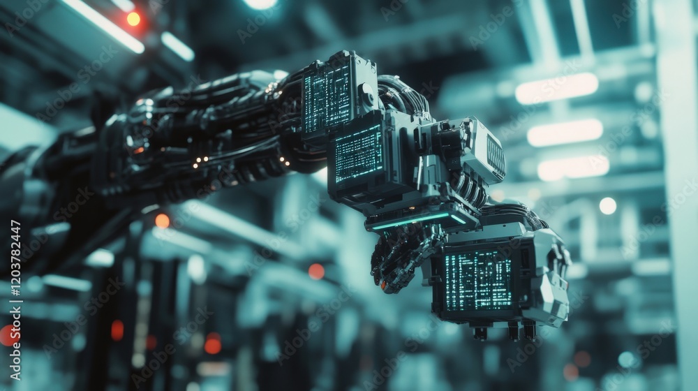 Leinwandbilder Futuristic robotic arm with advanced technology interfaces showcasing intricate designs and illuminated elements in a high-tech industrial setting