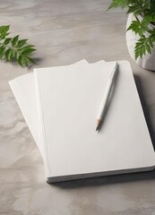 A solitary white pencil leans against the edge of a white notebook, ready to create something new, in harmony with nature, drawing tool, blue background, peaceful scene