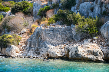Sunken Lycian town view on Kekova island near Kas, Antalya district, Turkiye. The Kekova region is...