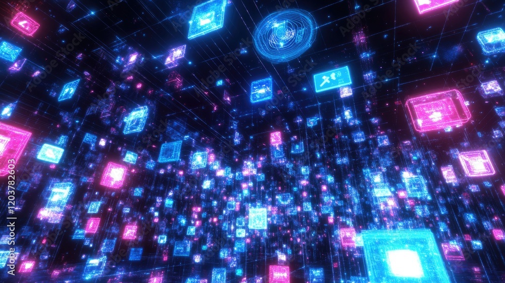 Poster abstract ai icons floating above a dataset grid, representing augmented variations.