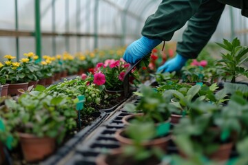 Professional gardener cultivating vibrant flowers in a greenhouse for seasonal bloom
