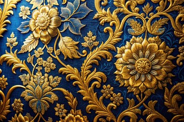 Luxurious Deep Blue Textile with Intricate Golden Floral Design - Stock Photo