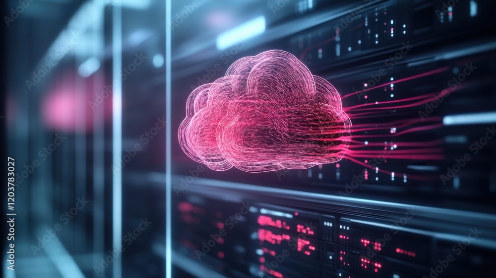 Leinwandbilder Abstract depiction of a digital cloud symbolizing data transfer, network connectivity, and advanced technology within a futuristic server environment for innovative design projects.