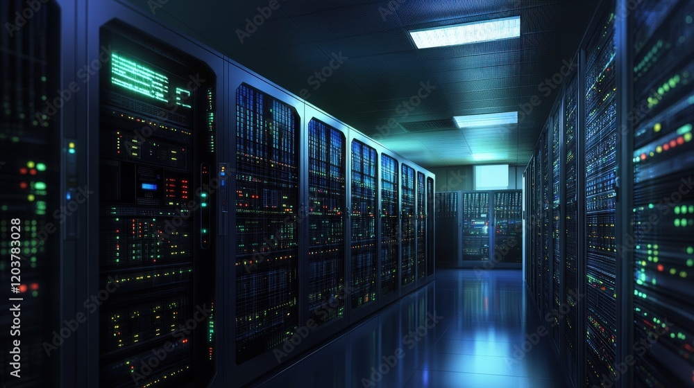 Poster Dimly Lit Server Room with Multiple Racks and Active Data Connections Radiating Vibrant Colors in a High-Tech Environment