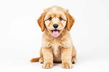 Golden puppy sitting on white background, tongue out, looking happy and playful.
