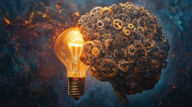 Mechanical brain made of intricate gears fused with a glowing light bulb on a textured dark background, symbolizing the fusion of intelligence, creativity, and innovation. Problem solving.