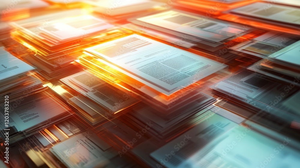 Poster abstract close-up of glowing documents and papers stacked together, showcasing dynamic light reflect