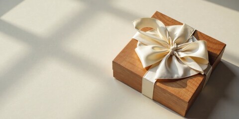 A delicately crafted wooden gift box adorned with a creamy satin ribbon bow, bathed in soft sunlight