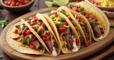 A platter of beef tacos with diced tomatoes and cheese, tacos, tomatoes