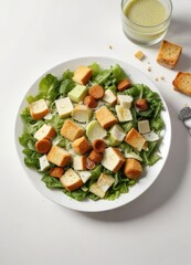 A plate with a bowl of Caesar salad, croutons, and Parmesan on a white background, romaine lettuce, simple meal, parmesan cheese
