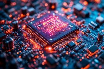 Hyper-Advanced Transistor and Microchips: A Futuristic Vision of Semiconductor Technology, Illuminated by Ethereal Blue and Purple Hues, Showcasing the Marvels of Modern Electronics