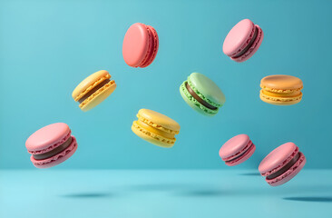 Colorful macaroons or macarons falling or flying over blue background. Cookies macaroons close-up.  Selective focus, shallow depth of field, blurred background.