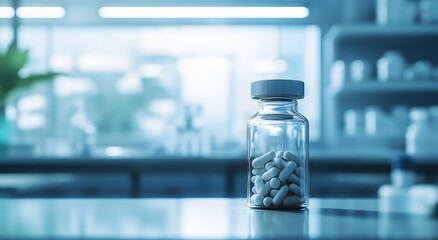Close-up of a vial filled with medicine on a table in a modern medical laboratory. The concept of advanced medicine and treatment symbolizes medical research and pharmaceutical development.