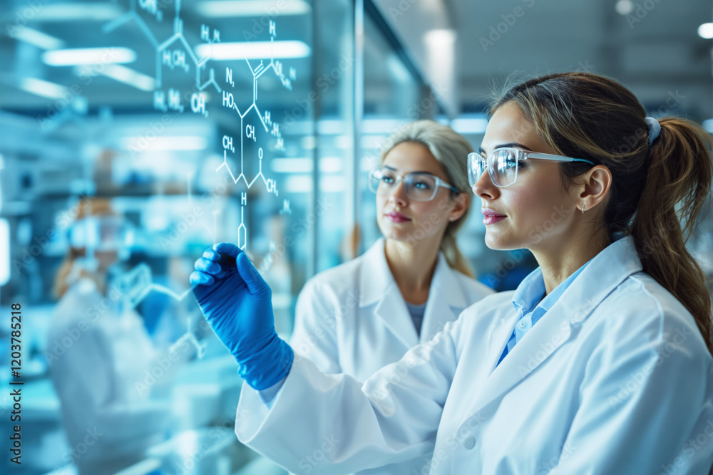 Poster Scientists analyzing molecular structures on a transparent screen in a high-tech laboratory.