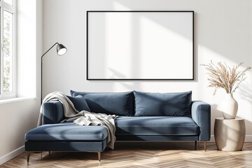 Minimal living room with blue sofa, blank frame, and natural light.