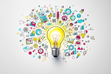 Bright yellow light bulb surrounded by colorful creative icons on a white background.