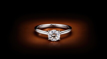 A dazzling round diamond ring on a dark chocolate brown background.