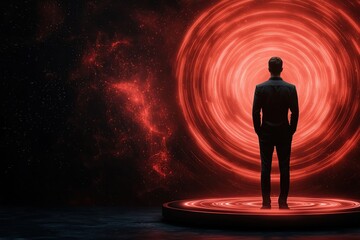 A figure stands before a glowing red vortex, surrounded by a cosmic backdrop, evoking a sense of wonder and exploration.