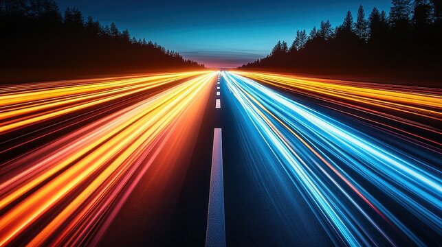 Night Drive:  A symphony of light trails on a highway cutting through a dark forest at twilight, capturing the vibrant energy of motion and speed.