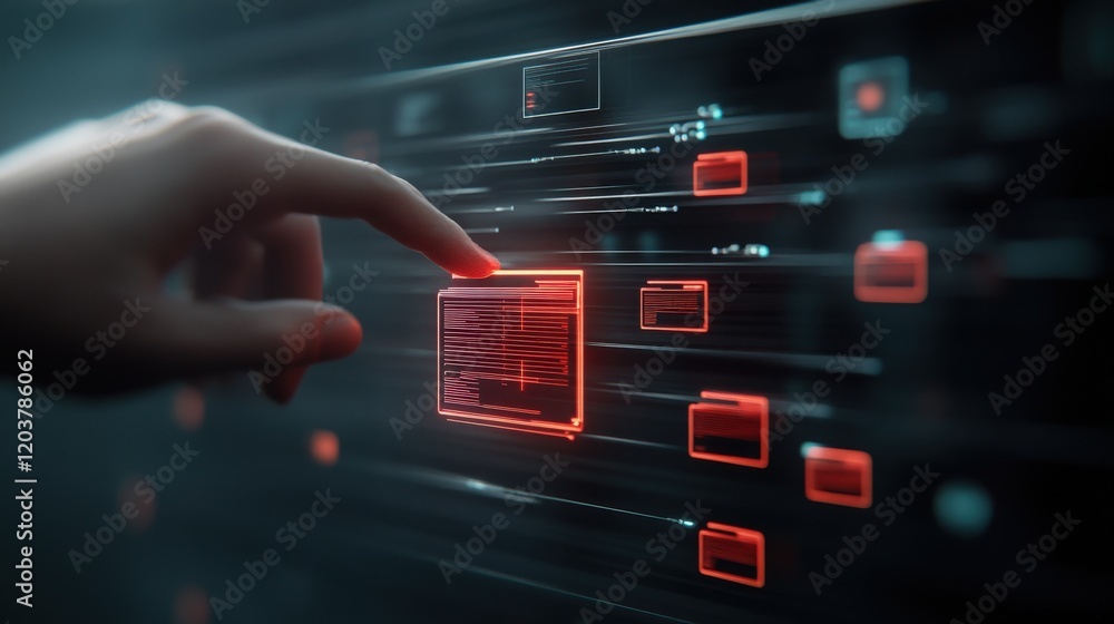 Poster Futuristic Digital Interface with Human Hand Interacting, Concept of Advanced Technology, Data Visualization and User Engagement in a Virtual Environment