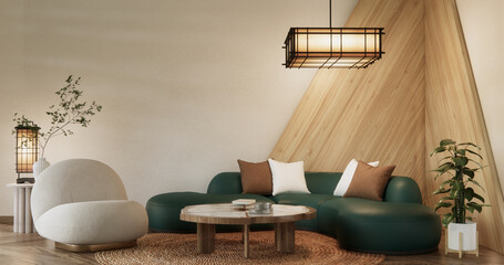 Mocha concept Scene living room have green sofa and decoration wooden minimalist design, room japanese style.3D rendering