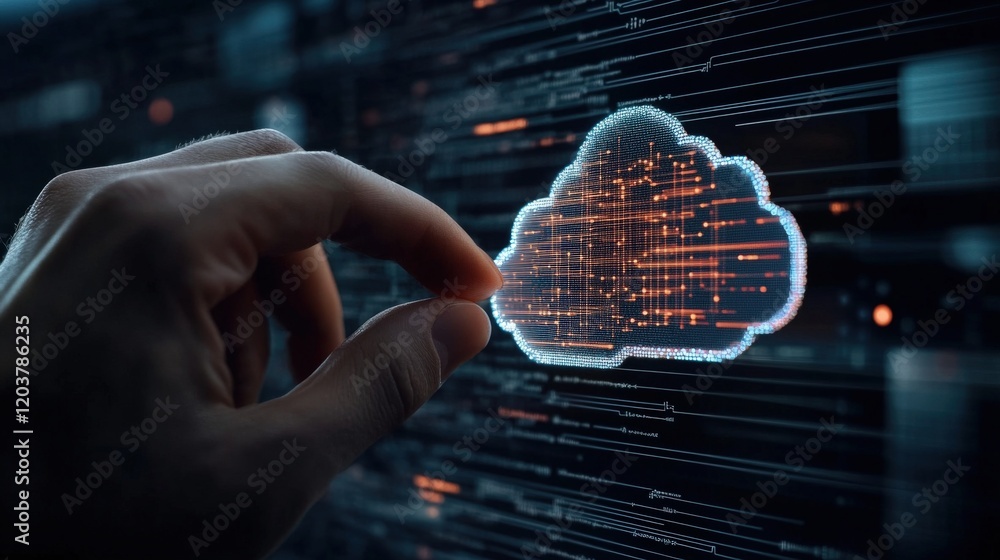 Poster Futuristic Hand Interacting with Digital Cloud Technology in Data Network, Showcasing Innovation in Cloud Computing and Connectivity Solutions